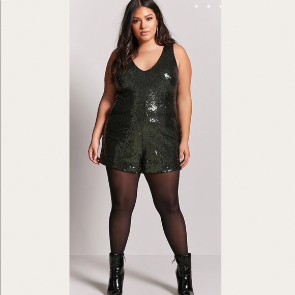 PLUS SIZE 1X 3X Forever 21 F21 Hunter Green Sequin Romper Jumpsuit - Picture 4 of 6